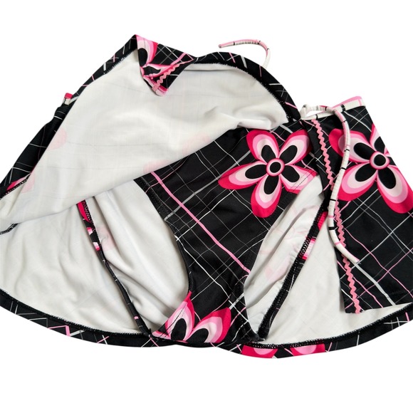 Vintage 90s Y2K women's Juniors M black pink floral bikini skirt swimsuit bottom - Picture 4 of 10